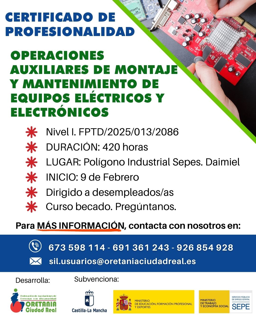 Este lunes comienza el Curso ‘Operaciones Auxiliares de Montaje y Mantenimiento de Equipos Eléctricos y Electrónicos’